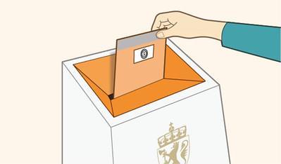 Stemmeseddel puttes  ned i valgurne - Klikk for stort bilde